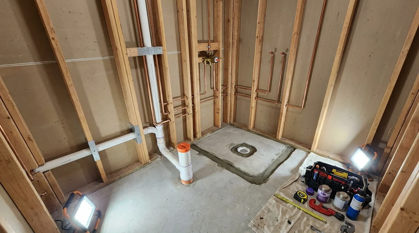 Bathroom rough-in plumbing during remodel by Johns Plumbing LLC in Johnston City