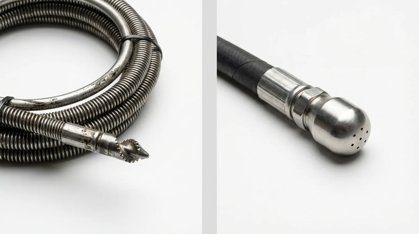 Drain snake cable and hydro jetting nozzle used for drain cleaning in Johnston City, IL