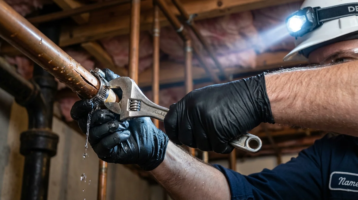 Emergency pipe clamp repair being performed by a Johns Plumbing LLC plumber in Johnston City