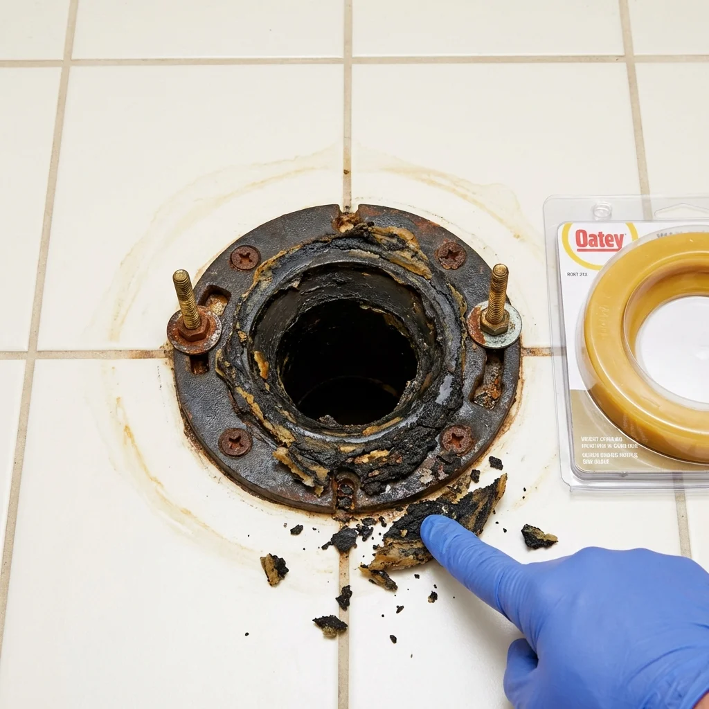 Failed wax ring showing water seepage at the base of a toilet in a Johnston City, IL home