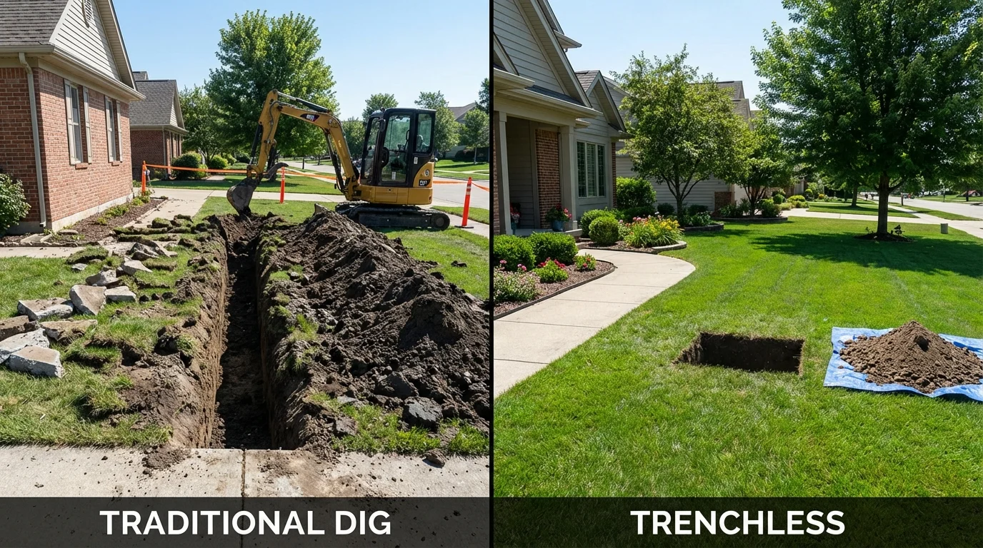Trenchless sewer repair with minimal yard damage versus traditional excavation in Johnston City, IL
