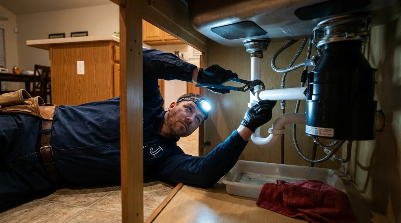 P-trap and supply line connections under a kitchen sink showing a common leak point in Johnston City, IL